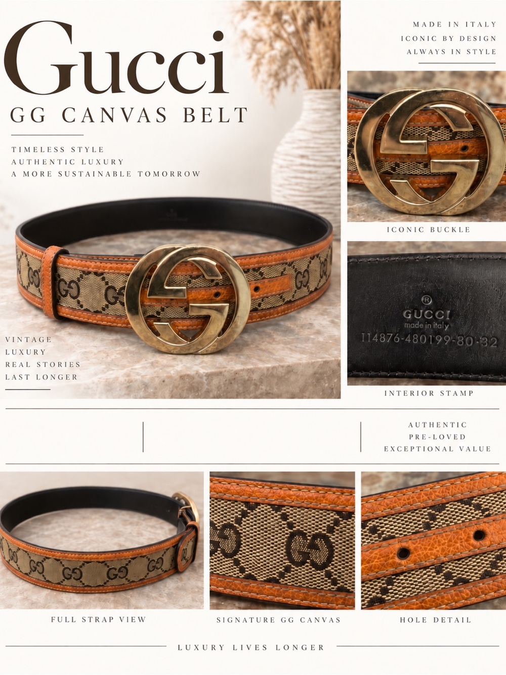 Gucci Interlocking G Canvas Belt with Tan/Brown Trim and Gold Buckle POP